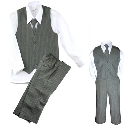 $44.99 • Buy Baby Toddler Boy 4 PC Gray Khaki Vest Set Pinstripe Formal Wedding Tuxedo Suit 