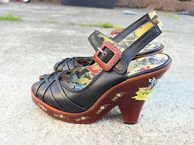 Miss L-Fire Rockabilly Brown Leather Wood Heel Platform Sandals RARE Size 9 • $169.15