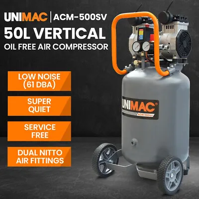 UNIMAC 2HP 50L Silent Oil-Free Portable Electric Air Compressor Vertical Tyre • $458