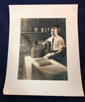 Vintage Black & White Photo Man In Shirt & Tie Cutting Binding Paper Office Work • $7.99