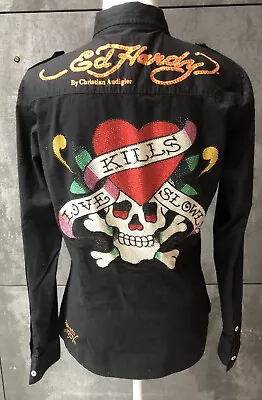 Ed Hardy Love Kills Slowly Womens Rhinstone Long Sleeve Button Shirt Slim Fit L • $45