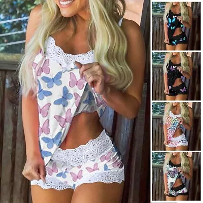 Women Sexy Pajamas Set Lace Lingerie Underwear Sleepwear Cami Vest Top Shorts • £12.83