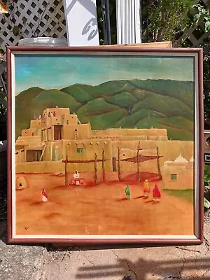 Landscape Mexican Village Vintage Original Painting Oil Canvas 36 X36  Signed • $99.99