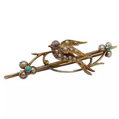 Antique Swallow Dove Brooch 15ct Gold Seed Pearl Ruby Turquoise 4.7g Needs Clasp • £175