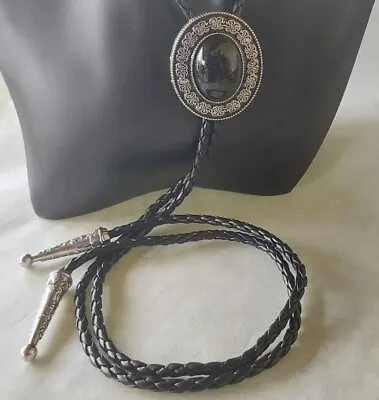 Western Cowboy Bolo Tie Rodeo Necktie Black Leather 42  Cord C+New Weekly Follow • $17