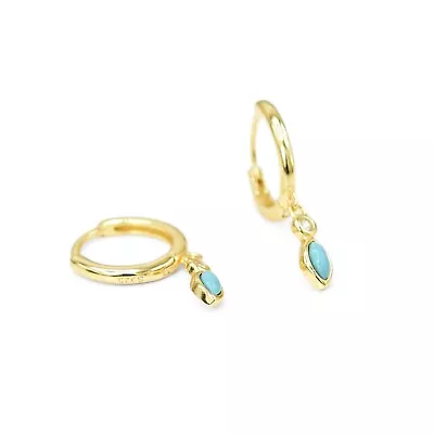 Oval Turquoise Drop Hoop Earrings Set 925 Sterling Silver 18k Gold Plated • £11.85