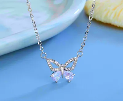 £3.49 • Buy Crystal Butterfly Pendant Necklace 925 Sterling Silver Women Jewellery Love Gift