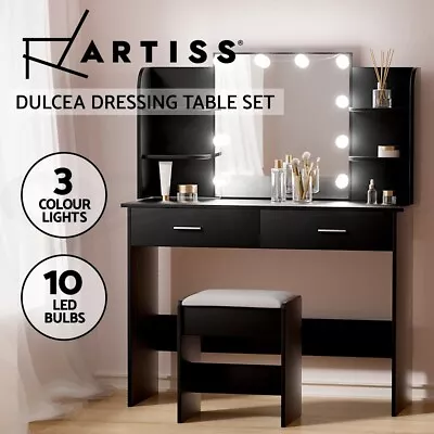 Artiss Dressing Table LED Makeup Mirror Stool Set 10 Bulbs Vanity Desk Black • $138.95