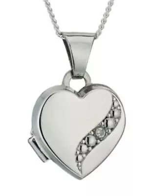 Personalised Silver Locket Heart Shape Curb Chain Diamond Set Nice Gift Her • £20.99