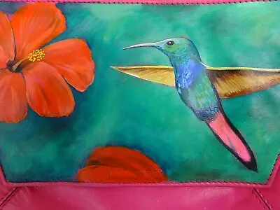 Oasis Sml Fushia Pink Leather Shoulder Bag Hand Painted Hummingbird Clutch Purse • £34.99