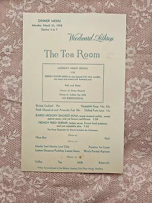 VTG Woodward & Lothrop The Tea Room Dinner Menu March 31 1958 • $9.99