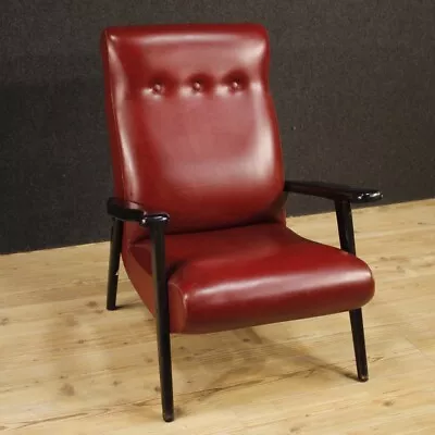 Armchair Furniture Vintage Chair In Wood Red Faux Leather Living Room Design • $2600