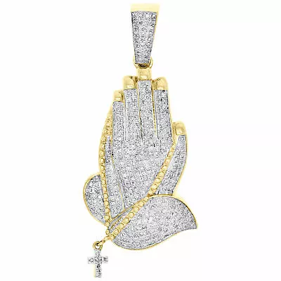 $965 • Buy 10K Yellow Gold Diamond Praying Hands Rosary Cross Pendant Charm 7/8 CTW
