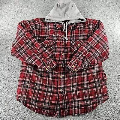 Moose Creek Flannel Shirt Jacket Men Medium Red Plaid Hoodie Quilted Lined Chore • $24.99