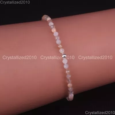 Natural Faceted Round Gemstone 2mm 4mm Handmade 925 Silver Stretchy Bracelet 8  • $4.58