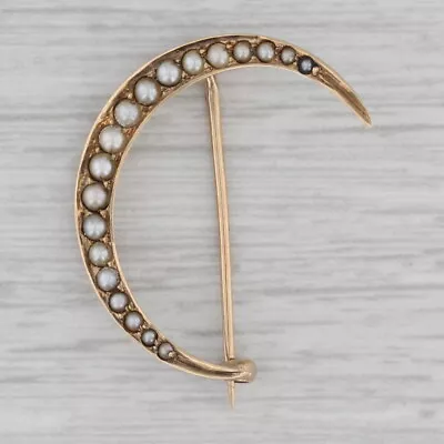 Vintage Seed Pearl Crescent Moon Brooch 14k Gold Pin • $179.99