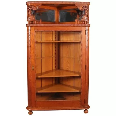 Antique R. J. Horner School Deeply Carved Stick & Ball Oak Corner China Cabinet • $1960