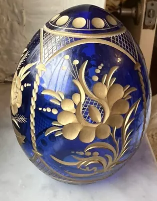 Vtg Faberge Modern Cobalt Glass ~ Egg Etched Flowers Russia ~ Easter Egg Gift • $43