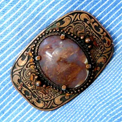 Western Floral Scroll Belt Buckle Fire Agate Cowboy Cowgirl Vtg 80s      .TYC033 • $24.99