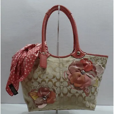 Coach F1627 Signature C Logo Handbag Khaki Pink Floral Tote Bag & Scarf H001 • $75.99