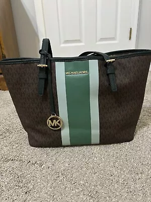 MICHAEL KORS Jet Set Travel MD Carryall Tote Pine Green Center Stripe Brown PVC • $80