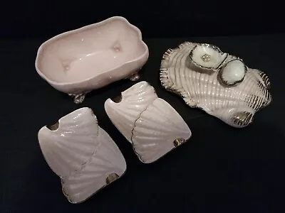 Vintage Lipper & Mann Pink Sea Shell Ashtray & Trinket Box Gold Trim • $19.99