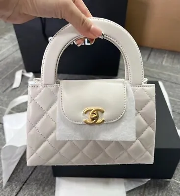 New Authentic CHANEL 23k KELLY CALFSKIN QUILTED WHITE NANO SHOPPING SMALL BAG • $5990