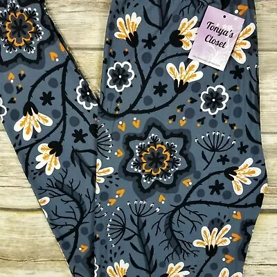 PLUS Floral Leggings Grayish Blue Base Buttery Soft Curvy 10-18 TC • $9.57