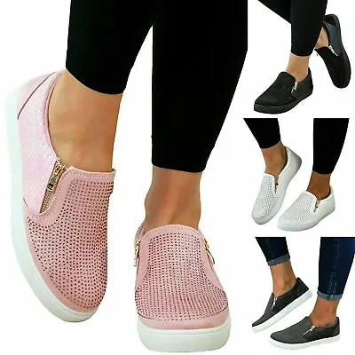 Women Ladies Casual Sneakers Flat Slip On Diamante Zip Trainers Pumps Shoes Size • £13.99