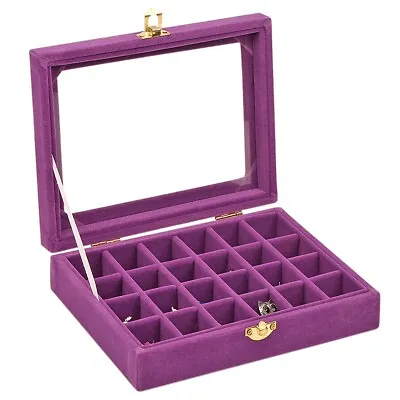 24 Grids Velvet Glass Ring Earrings Organizer Jewelry Box Display Case Purple • $13.99