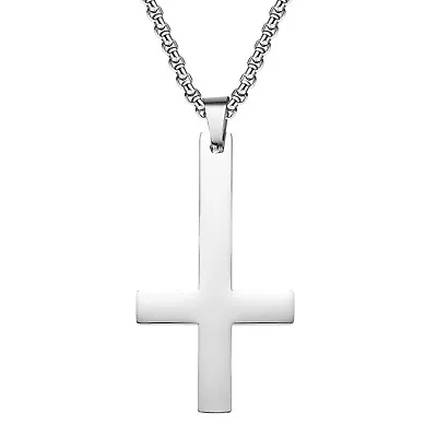 Men's Polished Big Inverted Upside Down Cross Stainless Steel Pendant Necklace • £11.56