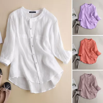 Womens Short Sleeve Shirts Tops Cotton Linen Round Neck Button Shirts Tee Blouse • $25.47