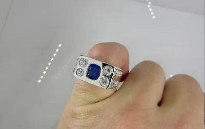 4.29 Vintage 14k White Gold Sapphire Old Mine Diamond Mens Ring Appraisal $10100 • $4400