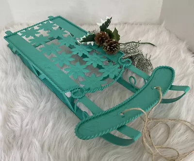 Metal Christmas Sleigh Aqua Blue Floral Poinsettia Cutouts Braided Edges 24”x12” • $70