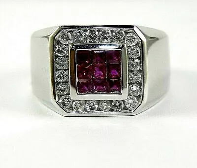 Natural Princess Cut Ruby & Diamond Men's Cluster Ring 14k White Gold 1.57Ct • $1500