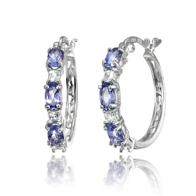 925 Silver 5x3mm Oval Tanzanite & Princess White Topaz Filigree Hoop Earrings • $34.99