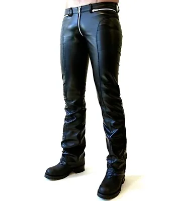 Men's Real Leather Pants Black Double Zipped Biker Trousers Motorcycle Jeans • £89.95