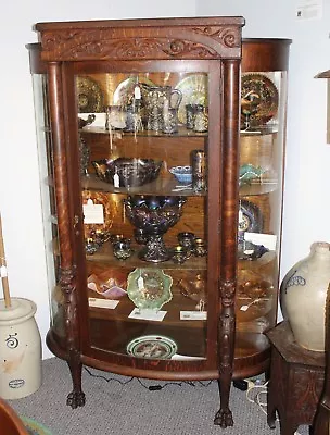 Antique Oak China Or Curio Cabinet – Lion Heads And Claw Feet • $2950