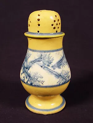 RARE ANTIQUE 1800s BLUE MOCHA SEAWEED PEPPER POT MOCHAWARE YELLOW WARE MINT • $700