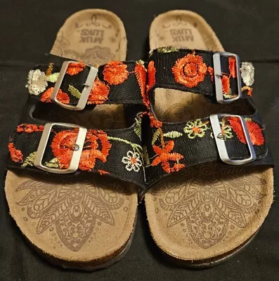 MUK LUKS Floral Slip On Slide Sandals Two Buckles Black Red Women's Size 8 • $14.99