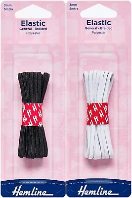 Hemline Flat Braided Elastic 3mm / 1/8 Inch Wide Black Or White - 5m Lengths • £3.75