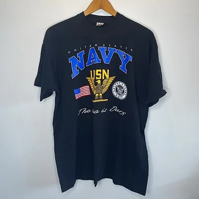 Vintage US Navy USN Military T Shirt Size XXL Black Blue Yellow Eagle Flag USA • $9.99