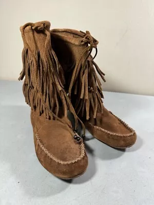 Minnetonka Women's Tan Suede Pull On 84653 Double Fringe High Ankle Boots 8.5 • $18.22