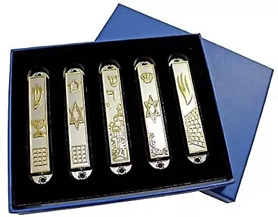 10cm Set Of 5 Pewter Mezuzah From Jerusalem: Menorah Western Wall Magen David  • $19.99