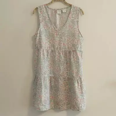 Joie 100% Linen Sleeveless Micro Floral Tiered Ruffle Babydoll V-Neck Dress LGE • $14