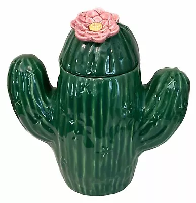 Treasure Craft Green Cactus With Pink Bloom Flower Cookie Jar Canister 12.5  • $45