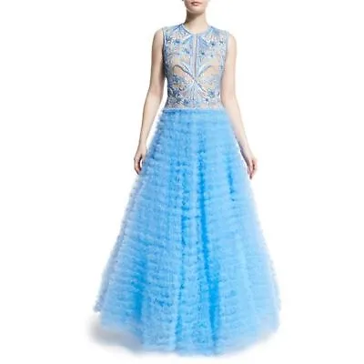 NWT NAEEM KHAN $7990 Blue Tulle Embroidered Ruffle Evening Ball Gown Dress Sz 6 • $1450