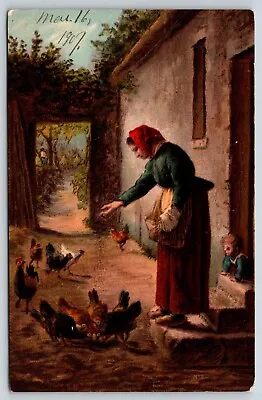 Vintage Woman Feeding Chickens Postcard 1907 N.K.G. 319 #2003 • $4.25