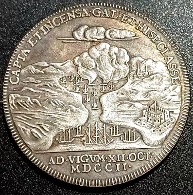 Queen Anne 1702 Vigo Bay Medallion SILVER Plated. Original Size. • £4.25