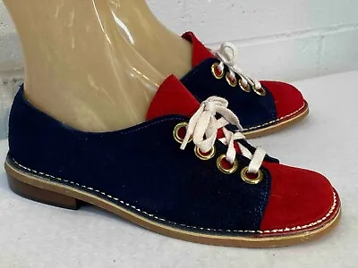 Sz 5.5 C NOS Vtg 70s Shoe Suede MOD Oxford Red Navy Blue Tie Flats Debonair  • $50.57